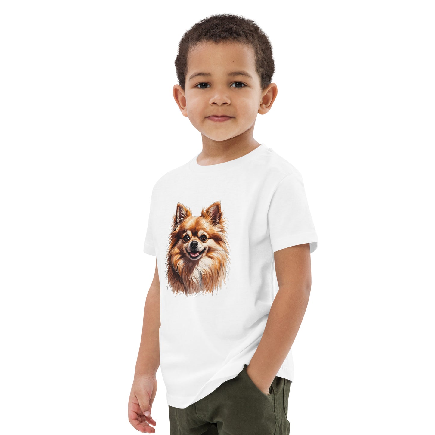 Pomeranian puppy kids shirt with realistic dog face print worn by young boy