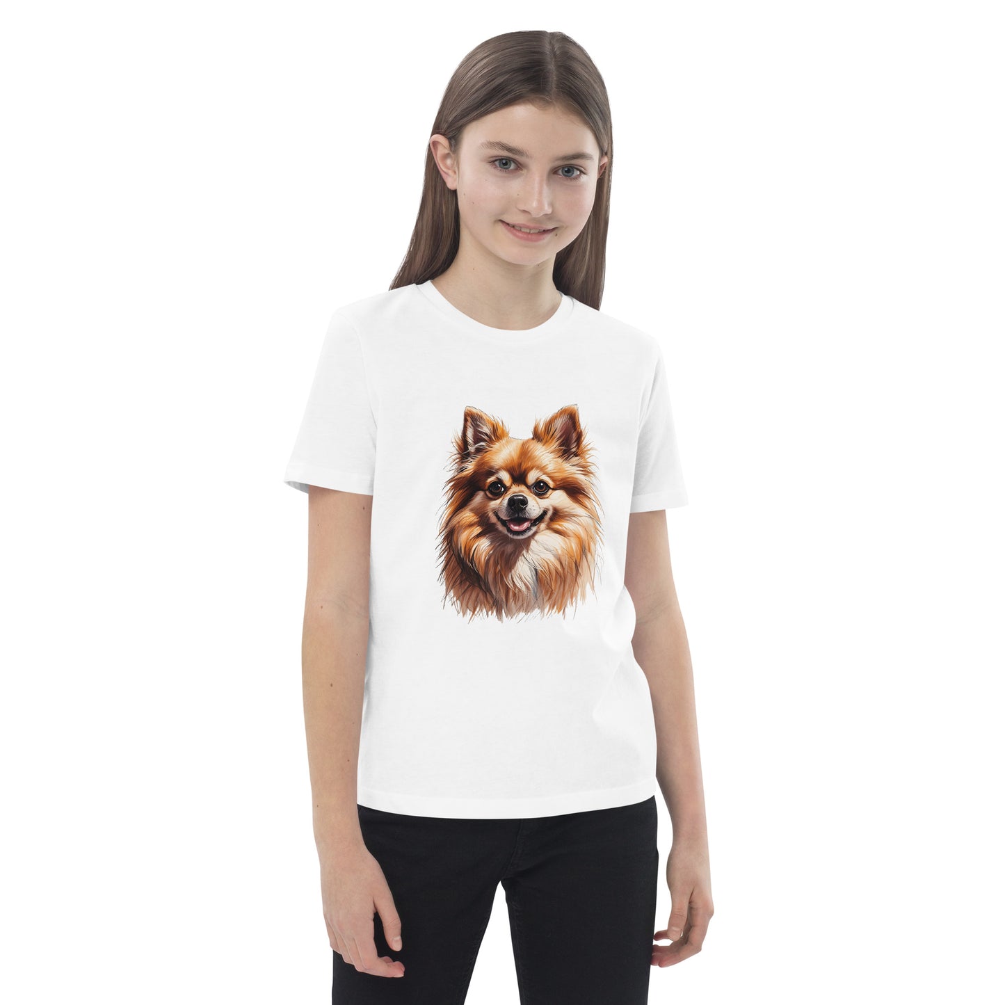Pomeranian puppy kids shirt by Pet Treasures Studio worn by girl featuring smiling dog face on white tee