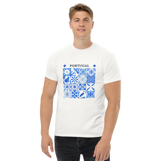 White T-shirt with blue Portuguese tile cat shirt design featuring traditional Portuguese patterns