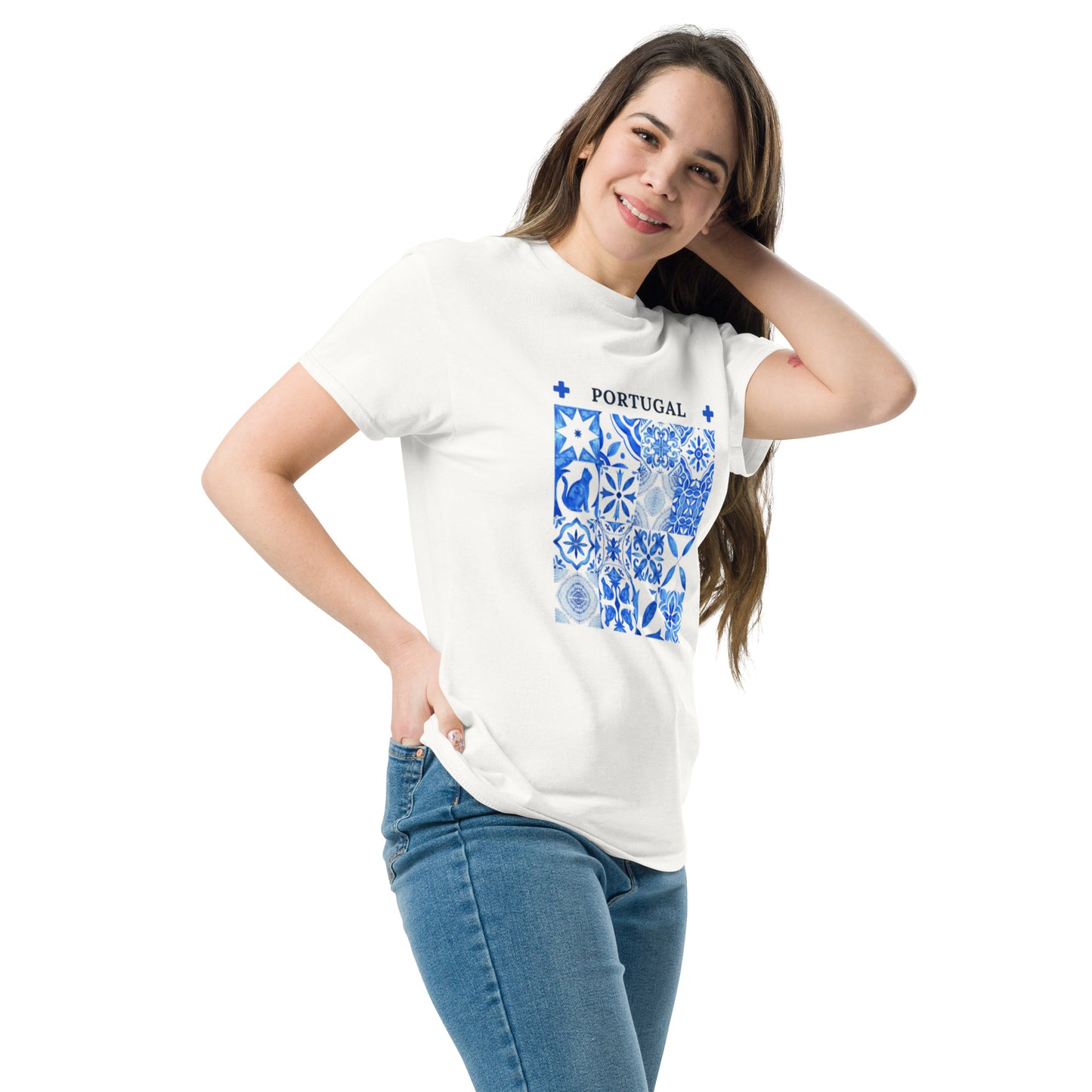White T-shirt featuring a blue Portuguese tile cat shirt design worn by smiling woman