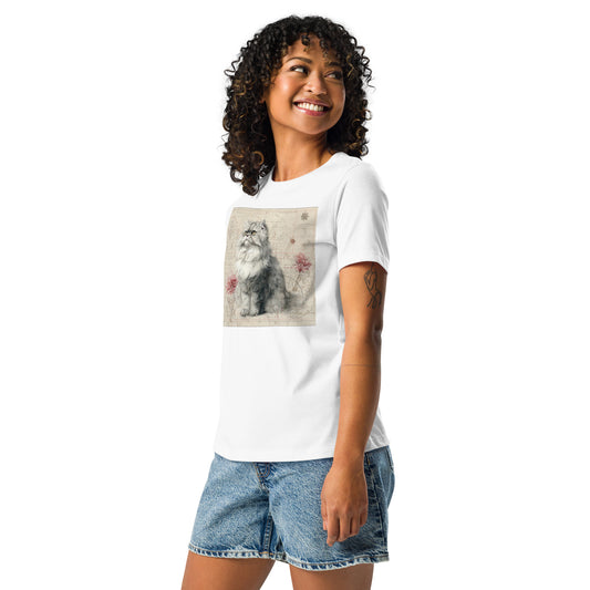 Woman modelling Pet Treasures Studio white Persian cat t-shirt with vintage cat print and denim shorts