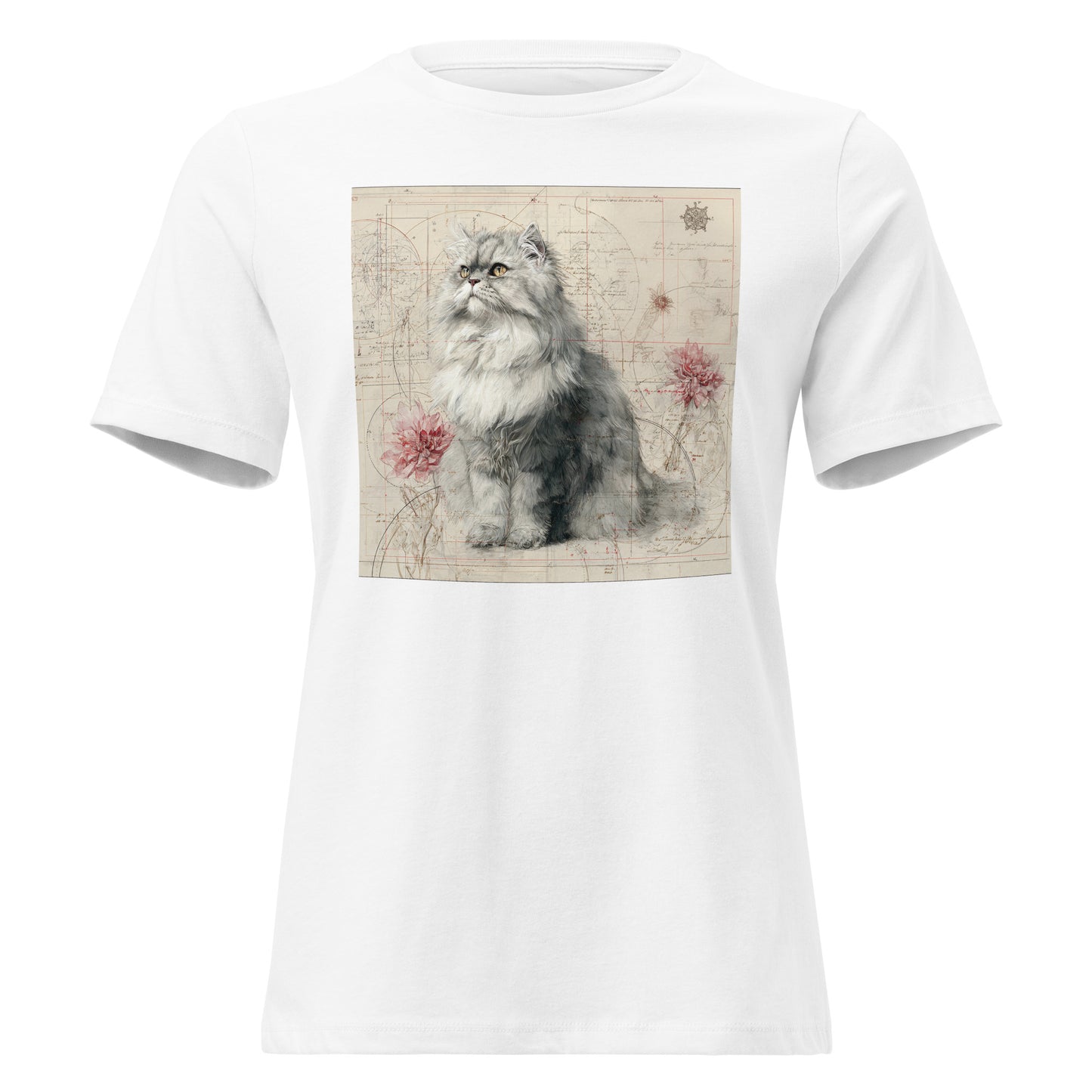 Pet Treasures Studio Persian cat t-shirt white tee with detailed grey Persian cat illustration on vintage map background