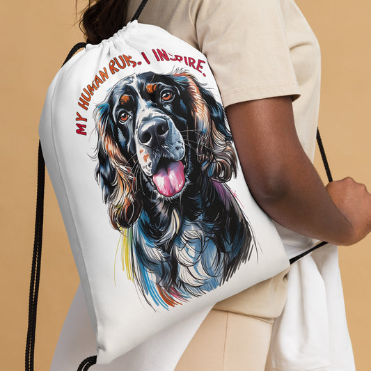 Pet Treasures Studio white saco reutilizável featuring colorful Cocker Spaniel sports bag illustration with My Human Runs I Inspire text