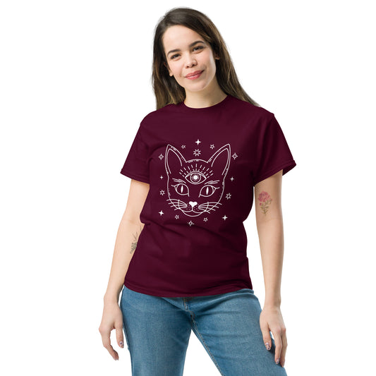 Woman wearing a maroon third eye cat shirt with a mystical cat design surrounded by stars