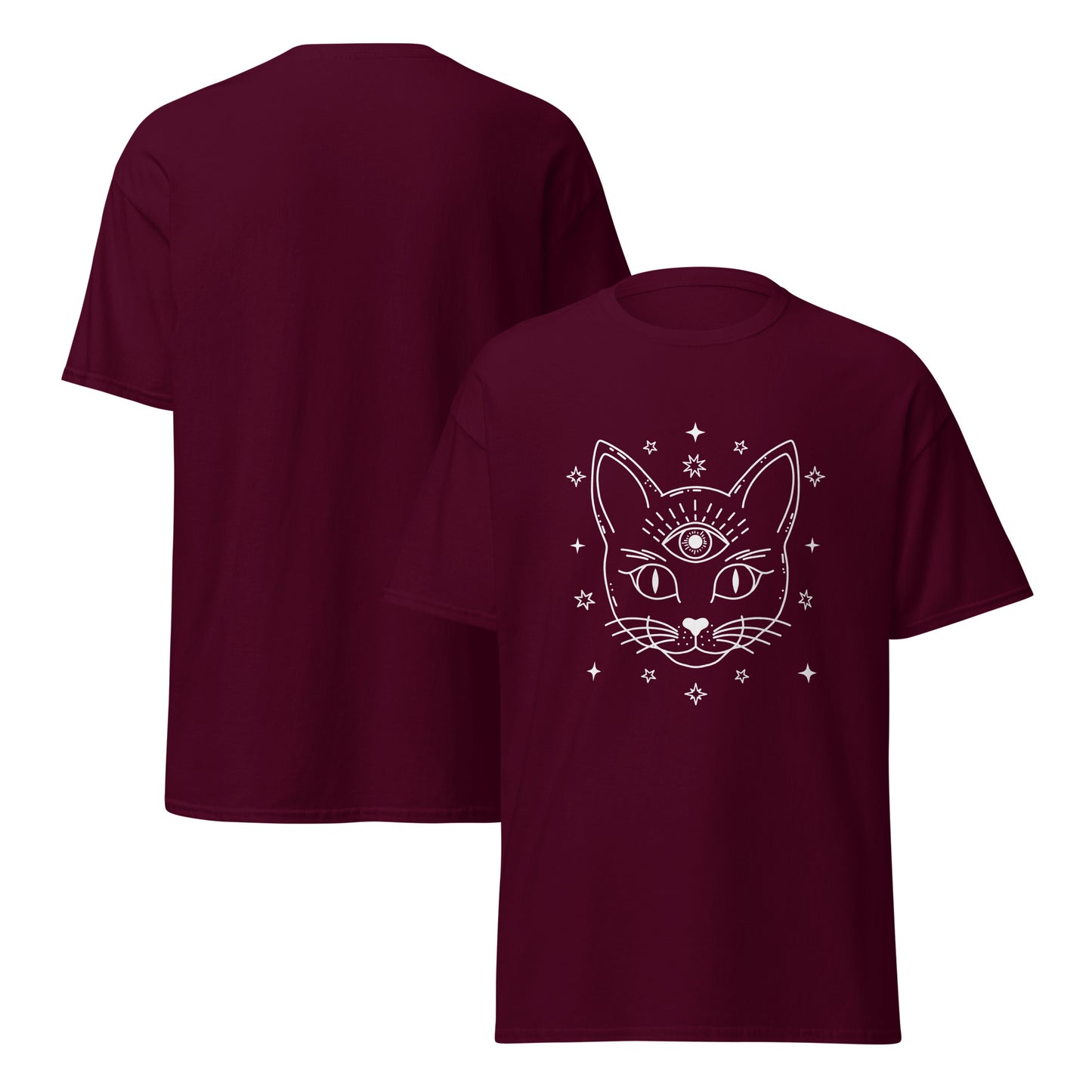 Maroon third eye cat shirt with mystical cat face and stars design by Pet Treasures Studio