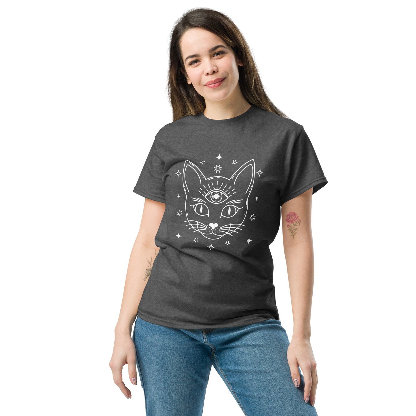 Woman wearing a black third eye cat shirt with a mystical cat face and stars design
