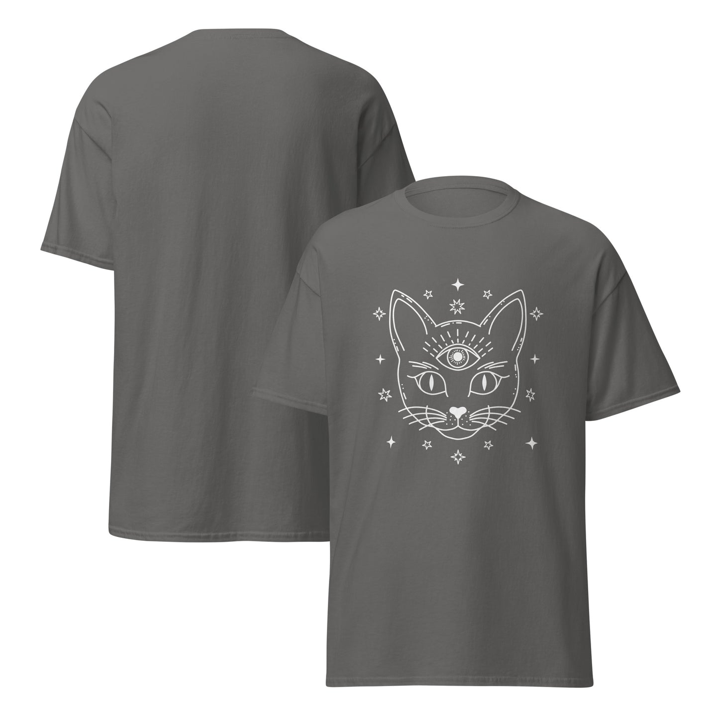Gray third eye cat shirt from Pet Treasures Studio featuring mystical cat face with third eye and stars