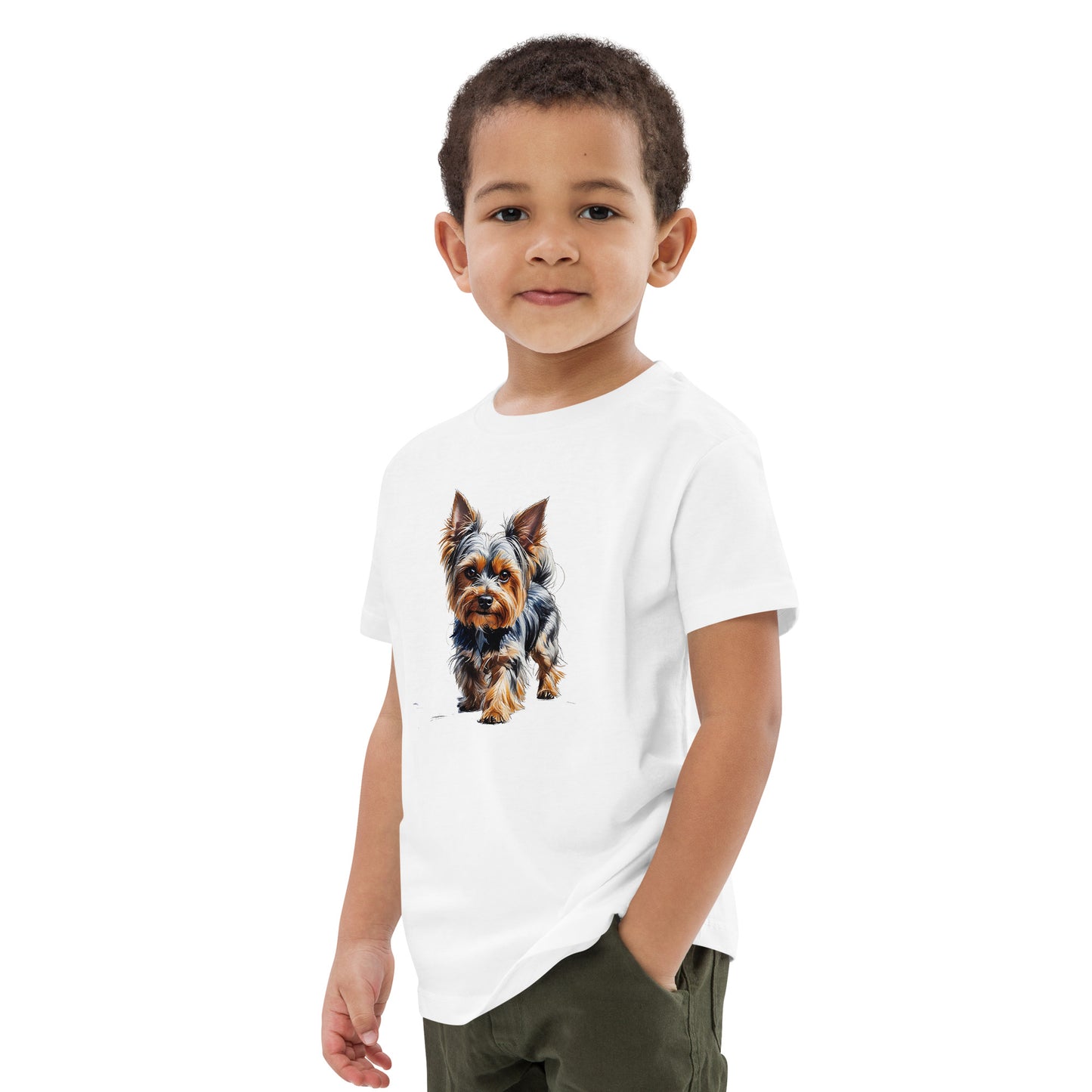 White back to school Yorkie shirt worn by young boy featuring a detailed Yorkie dog graphic