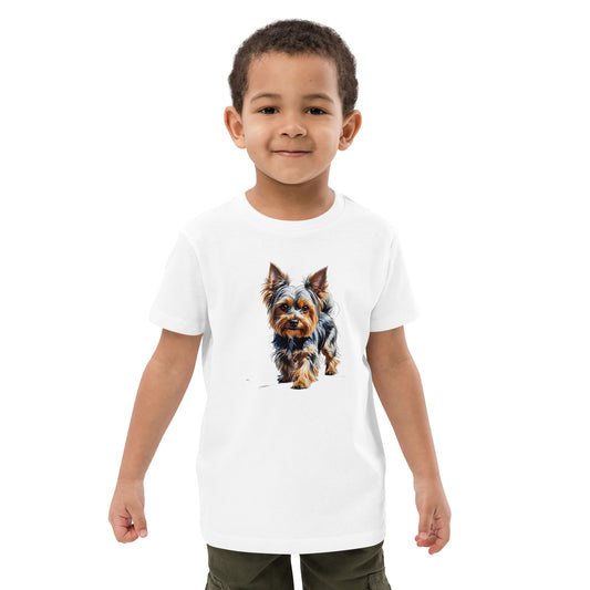 Boy wearing white back to school Yorkie shirt with realistic Yorkie dog print by Pet Treasures Studio