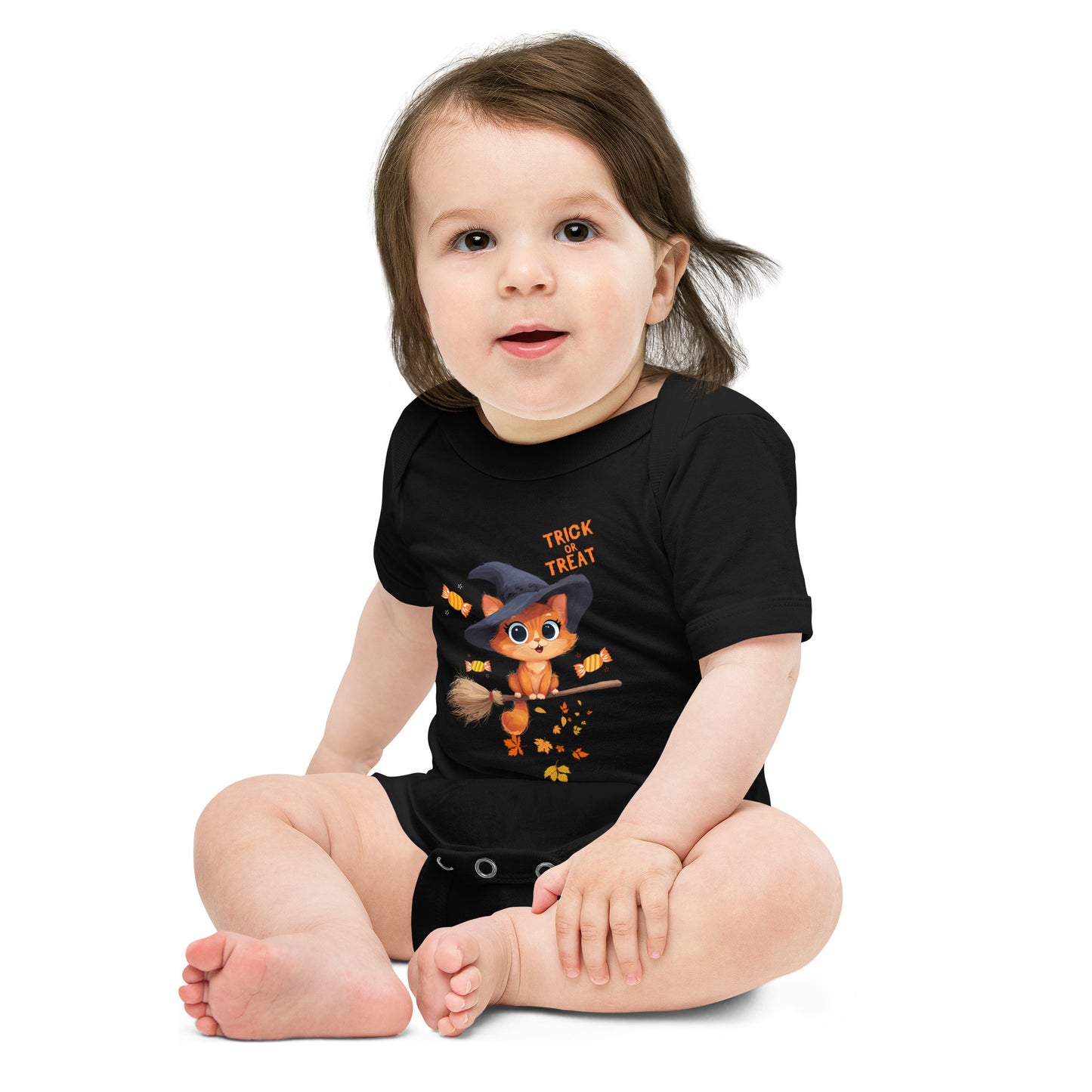 Cute black Trick or Treat Baby Bodysuit Animal Design featuring a cartoon fox in a witch hat