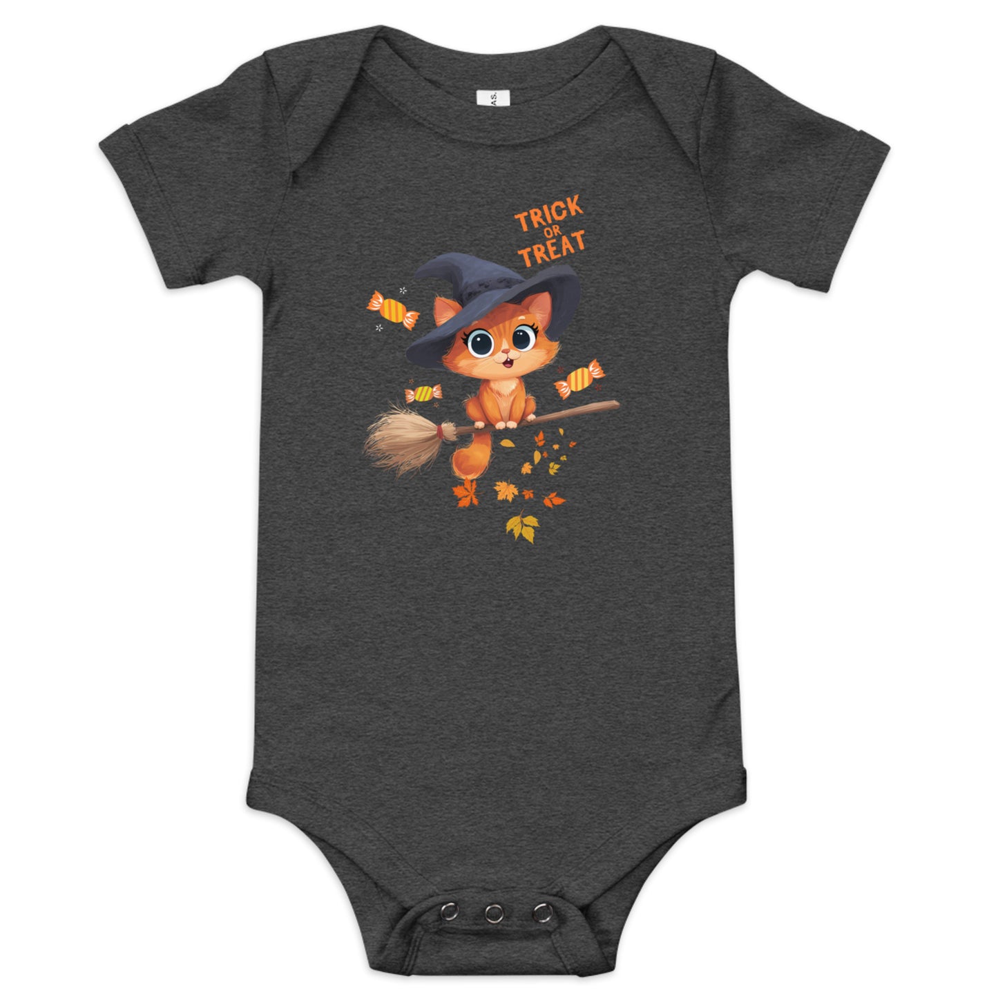 Trick or Treat Baby Bodysuit Animal Design with a cute cat in a witch hat on a broomstick