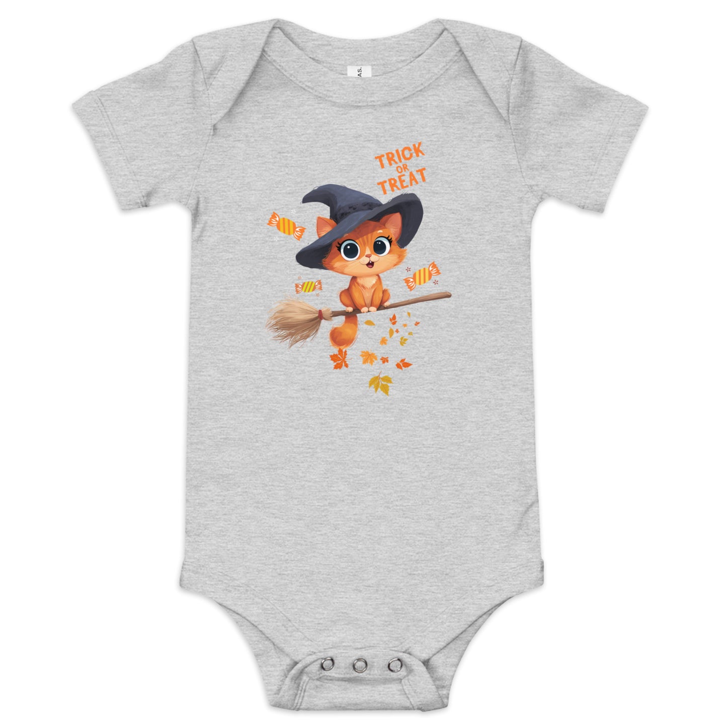 Trick or Treat Baby Bodysuit Animal Design with Cute Cat in a Witch Hat Flying on a Broom