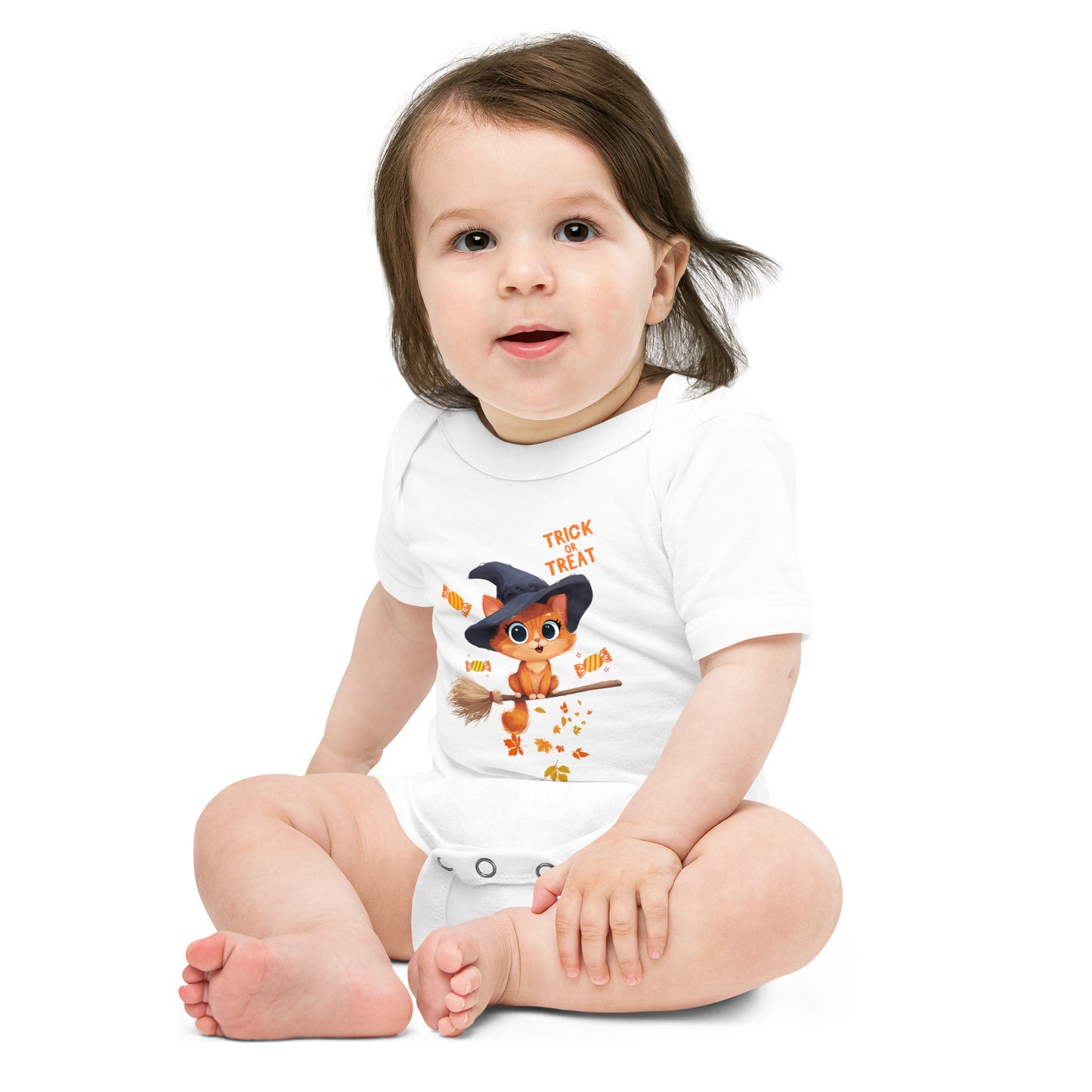 Adorable infant in a white Trick or Treat Baby Bodysuit Animal Design featuring a cute character