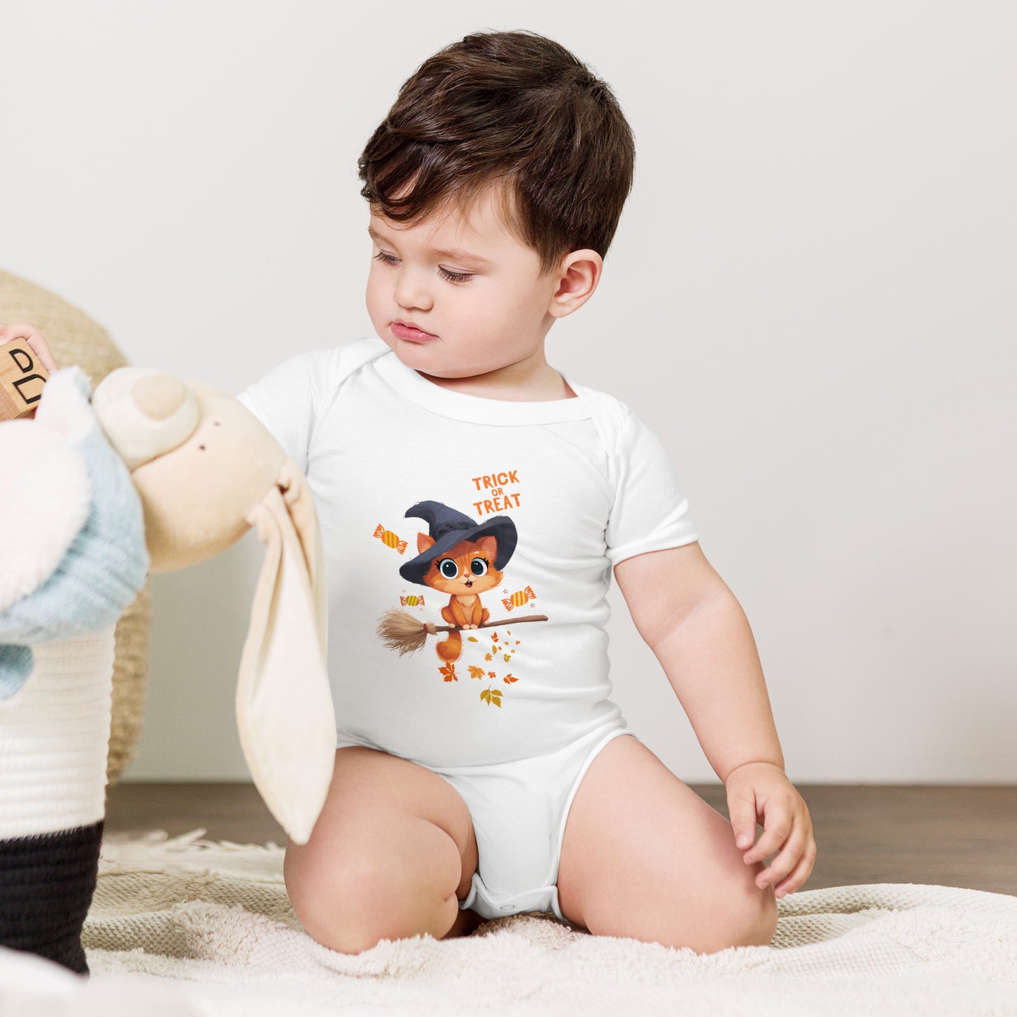 Cute Trick or Treat Baby Bodysuit Animal Design featuring a smiling owl and autumn leaves