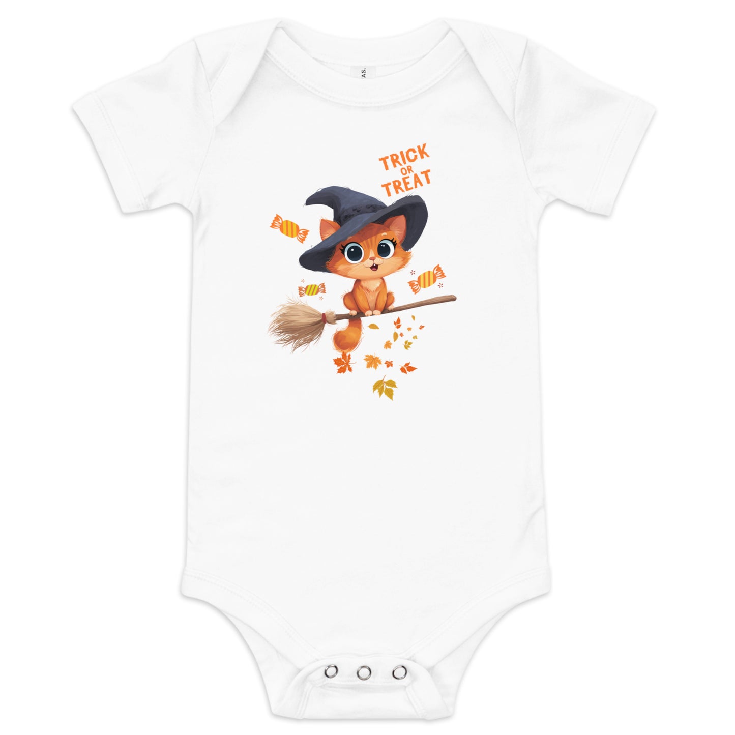 Trick or Treat Baby Bodysuit Animal Design featuring a cute cat in a witch hat on a broomstick
