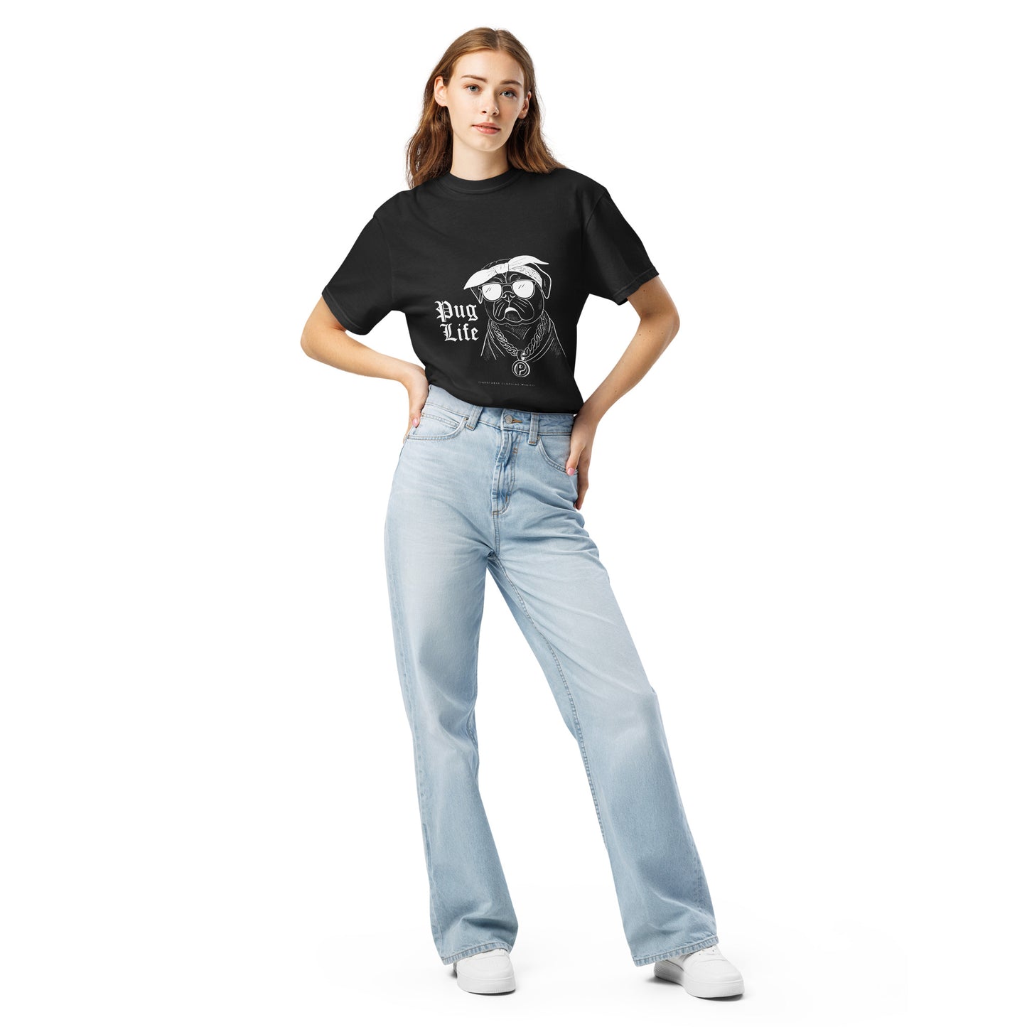 Pet Treasures Studio unisex black pug shirt worn by woman with pug life graphic and light blue jeans