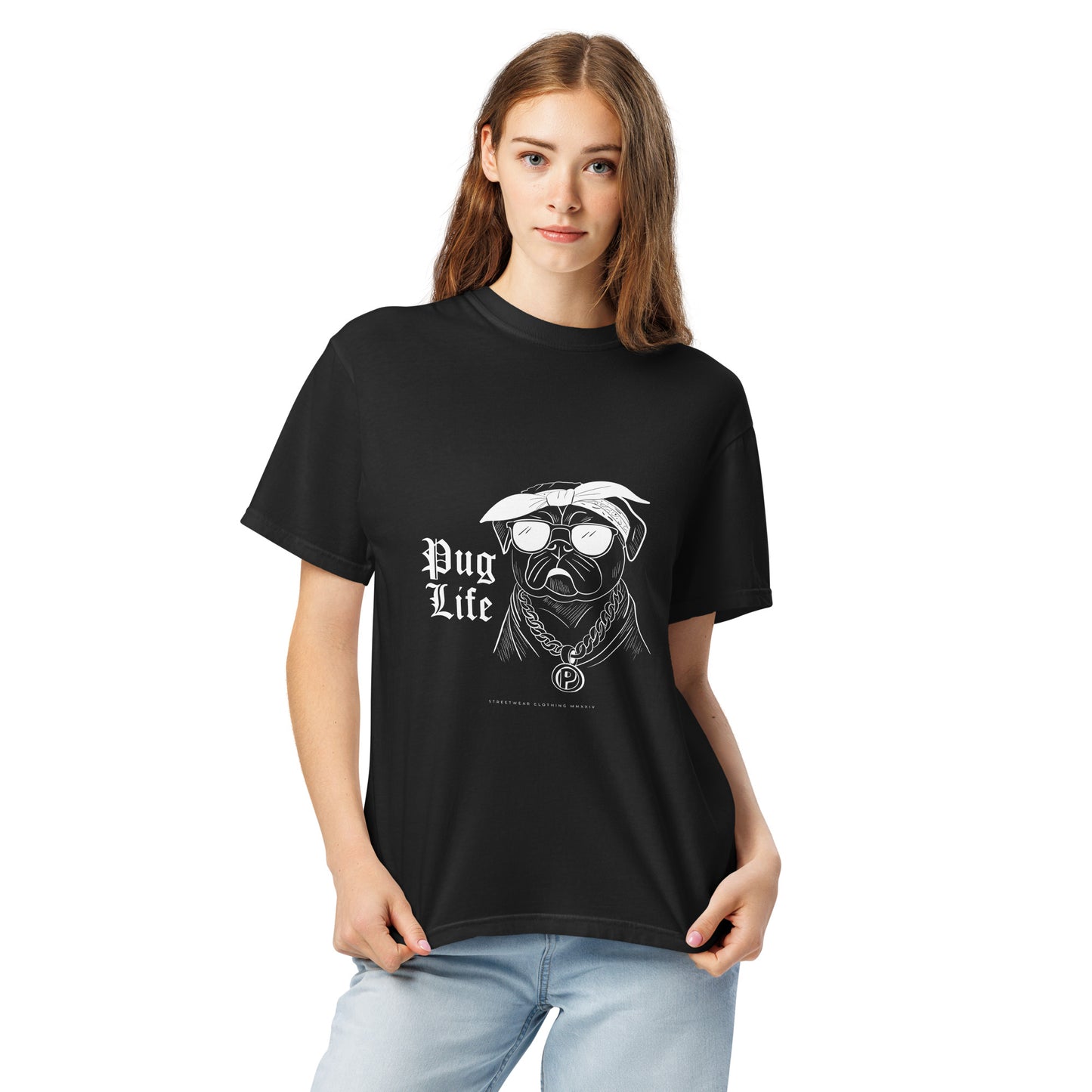 Pet Treasures Studio unisex black pug shirt featuring a pug with bandana and glasses graphic