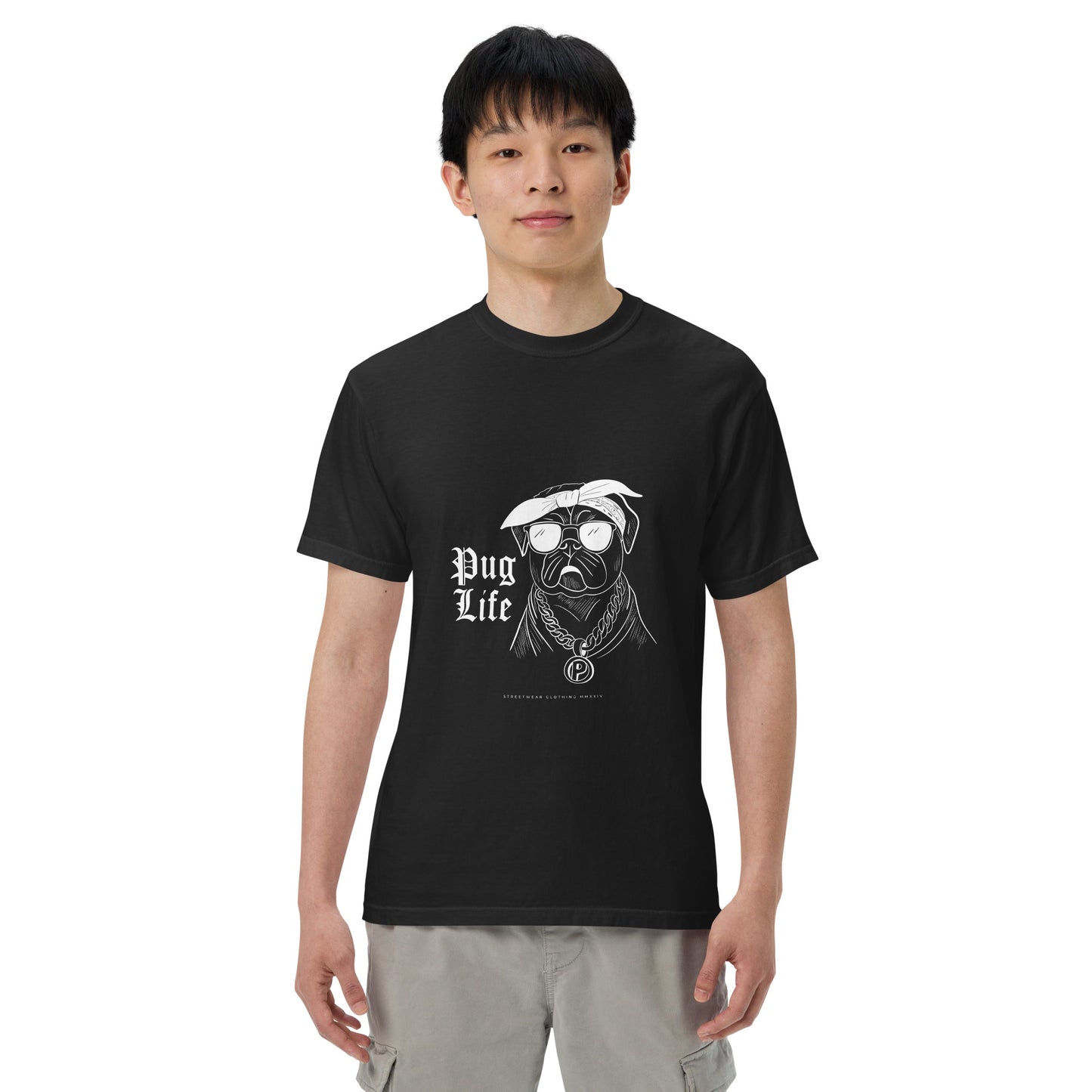 Unisex black pug shirt with a graphic pug wearing sunglasses and bandana by Pet Treasures Studio
