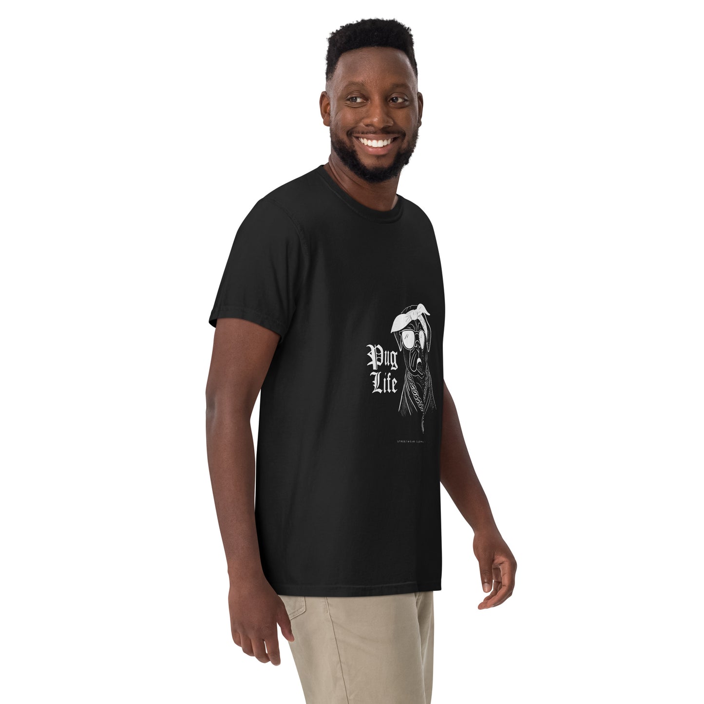 Man wearing unisex black pug shirt with pug life graphic design from Pet Treasures Studio