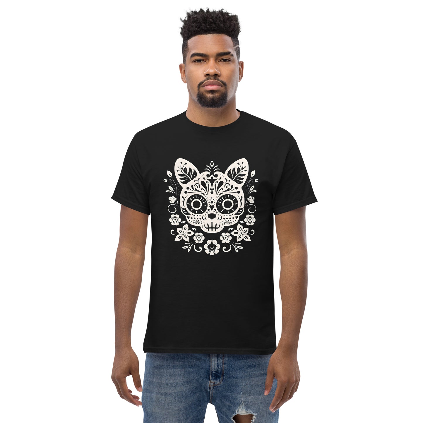 Classic Fit Dia de los Muertos Cat B&W Halloween Tee | Pet Treasures Studio