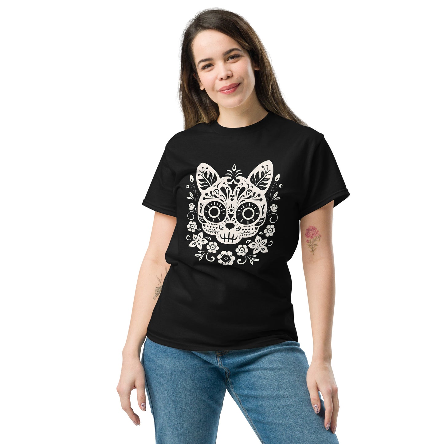 Classic Fit Dia de los Muertos Cat B&W Halloween Tee | Pet Treasures Studio
