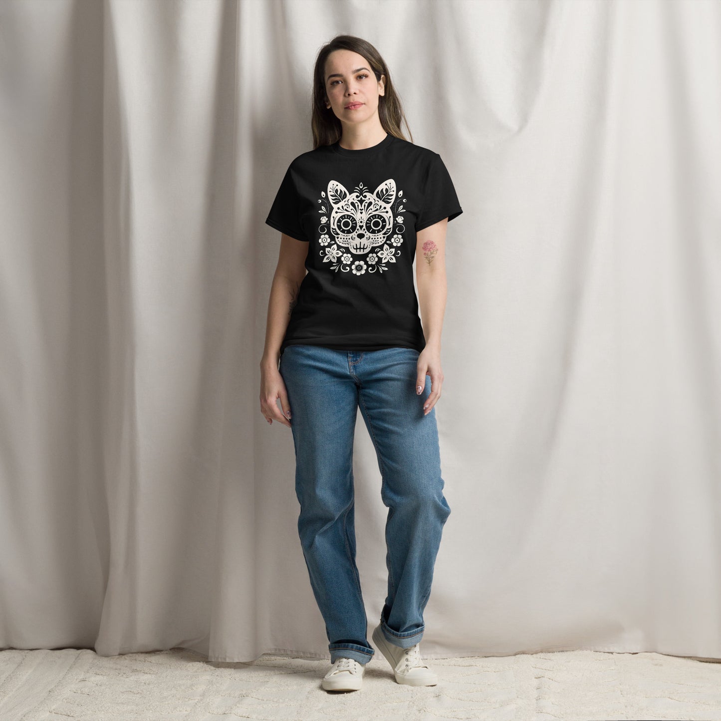Classic Fit Dia de los Muertos Cat B&W Halloween Tee | Pet Treasures Studio