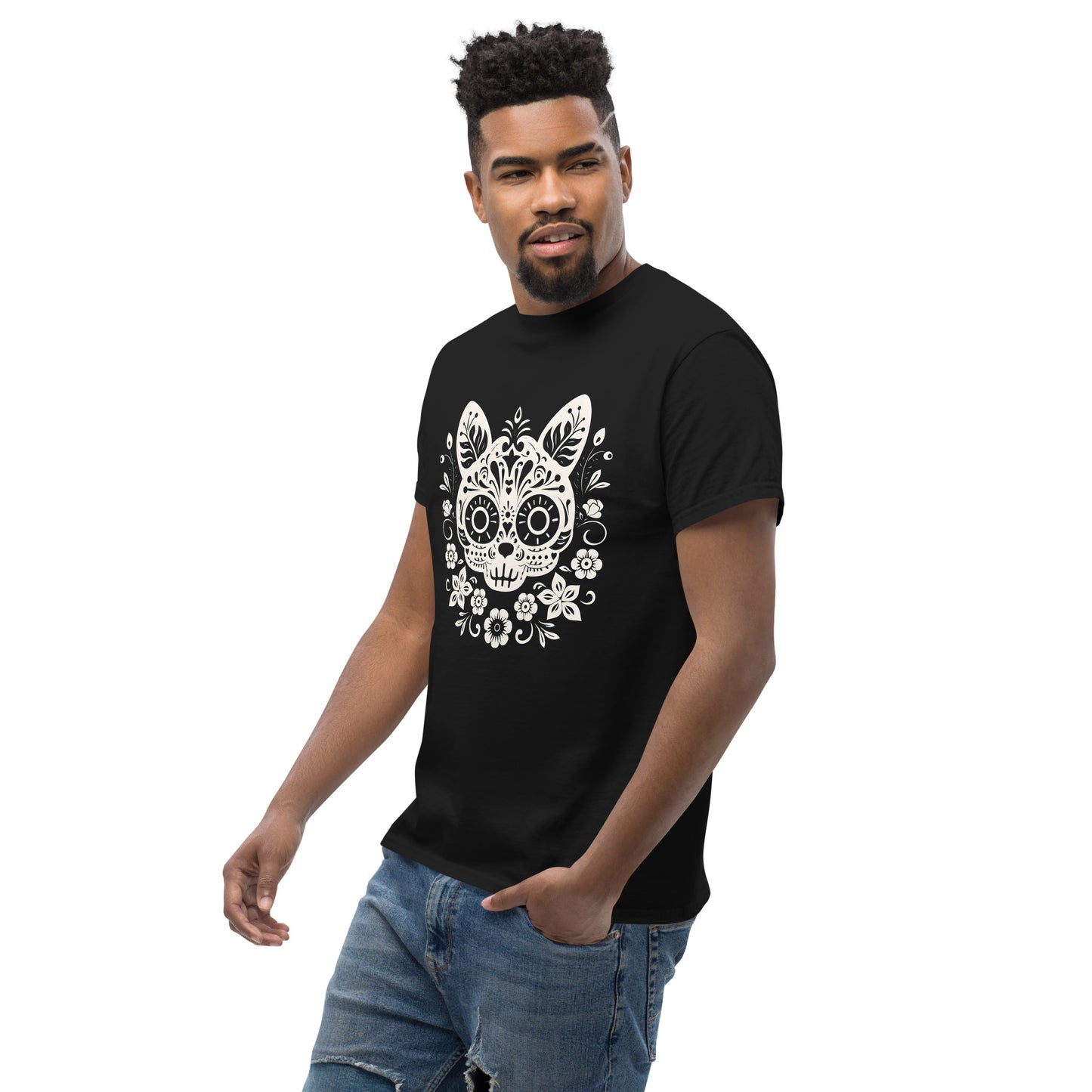 Classic Fit Dia de los Muertos Cat B&W Halloween Tee | Pet Treasures Studio