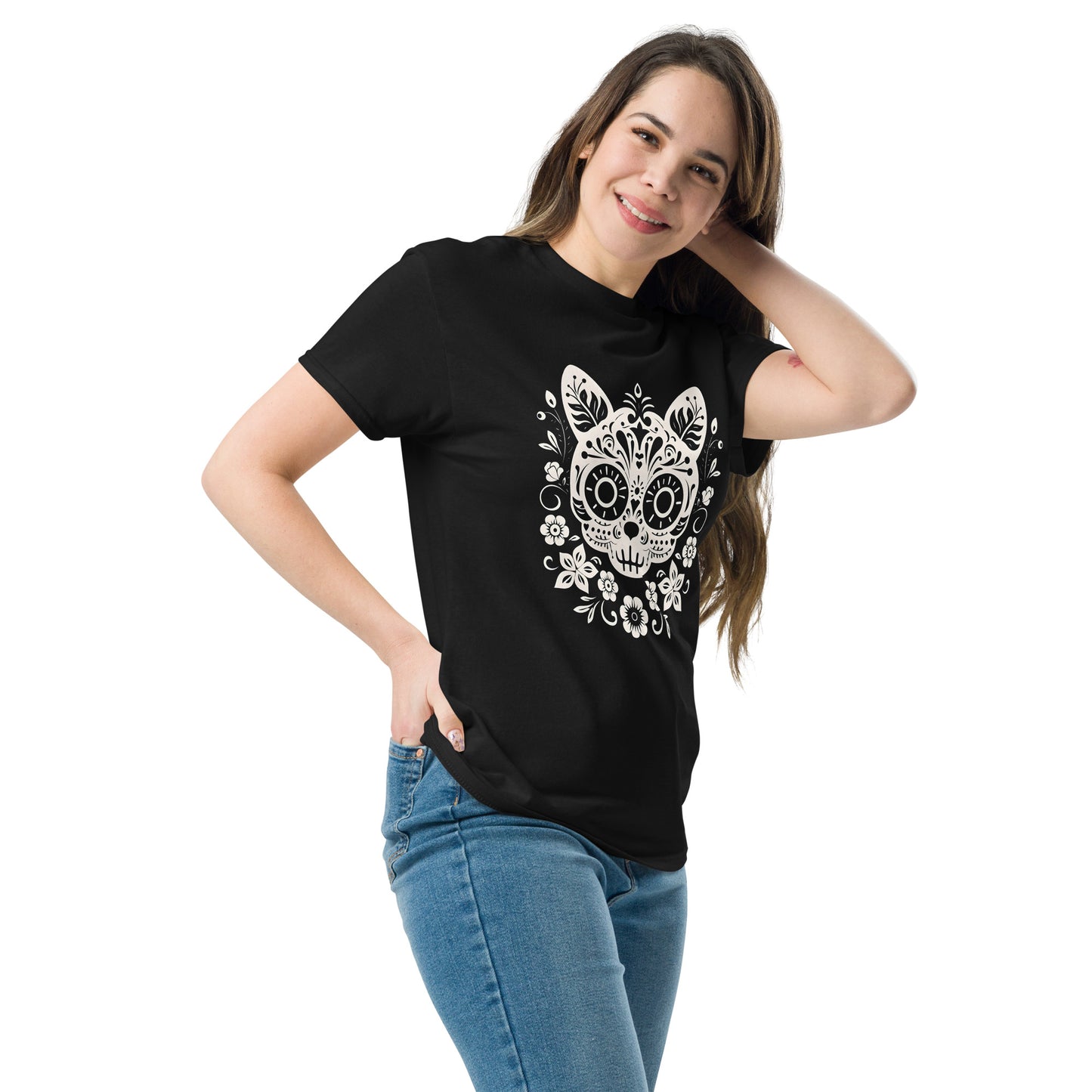 Classic Fit Dia de los Muertos Cat B&W Halloween Tee | Pet Treasures Studio