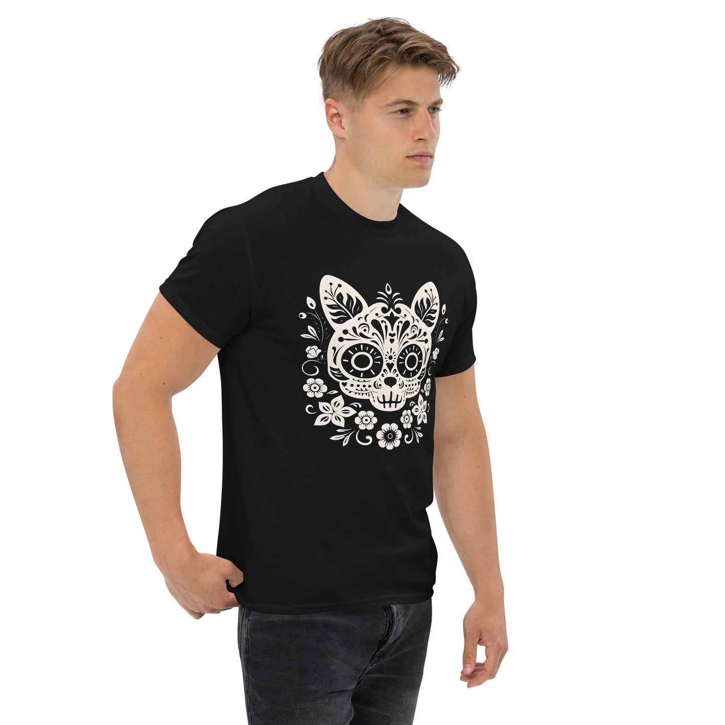Classic Fit Dia de los Muertos Cat B&W Halloween Tee | Pet Treasures Studio