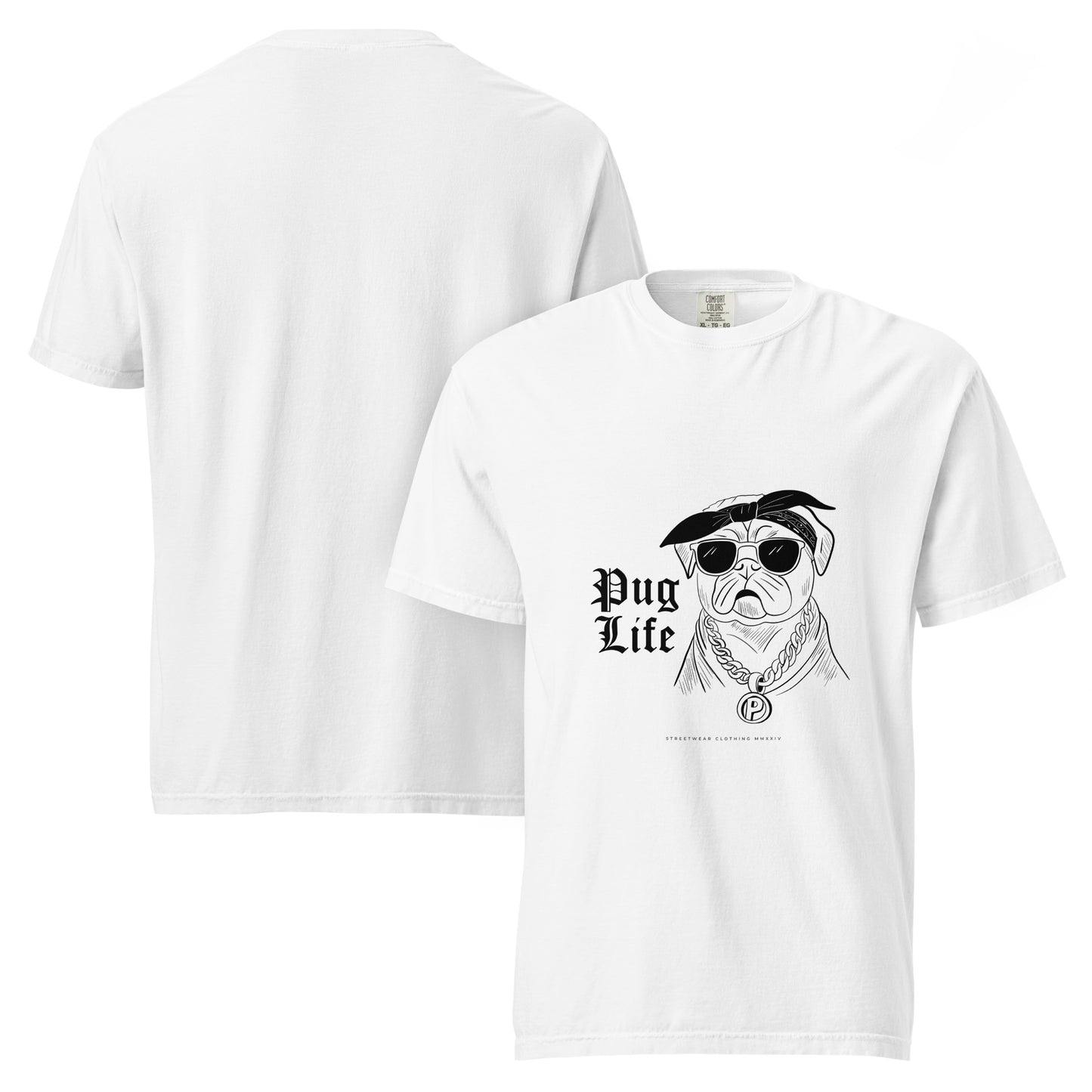 White pug graphic t-shirt unisex with cool pug wearing sunglasses and chain from Pet Treasures Studio