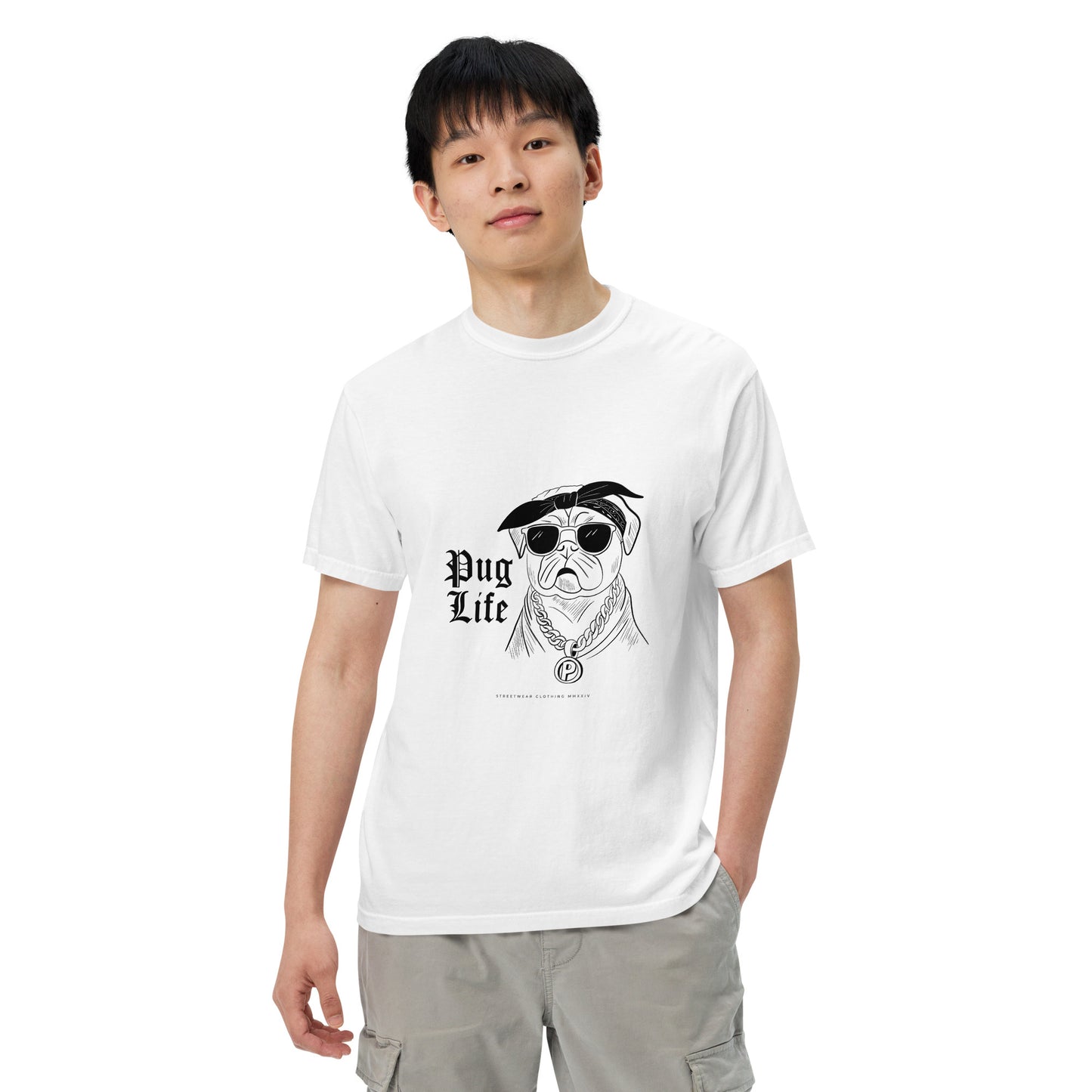 White pug graphic t-shirt unisex with cool pug wearing sunglasses and bandana design