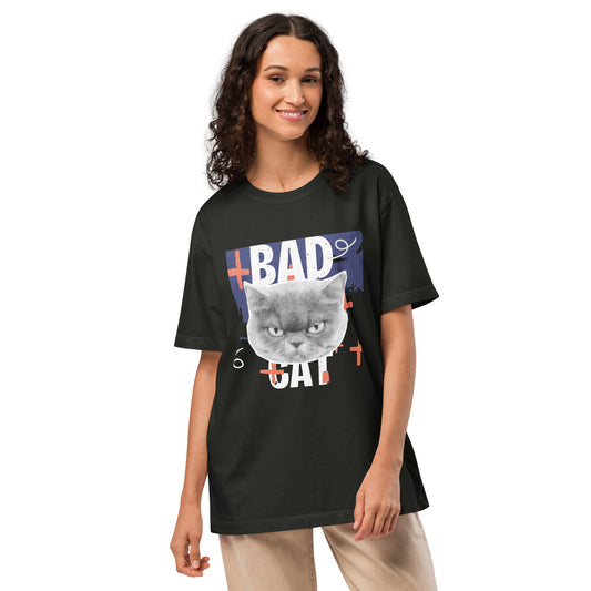 Pet Treasures Studio black oversized tee featuring grumpy grey cat graphic and BAD CAT text bad cat t-shirt
