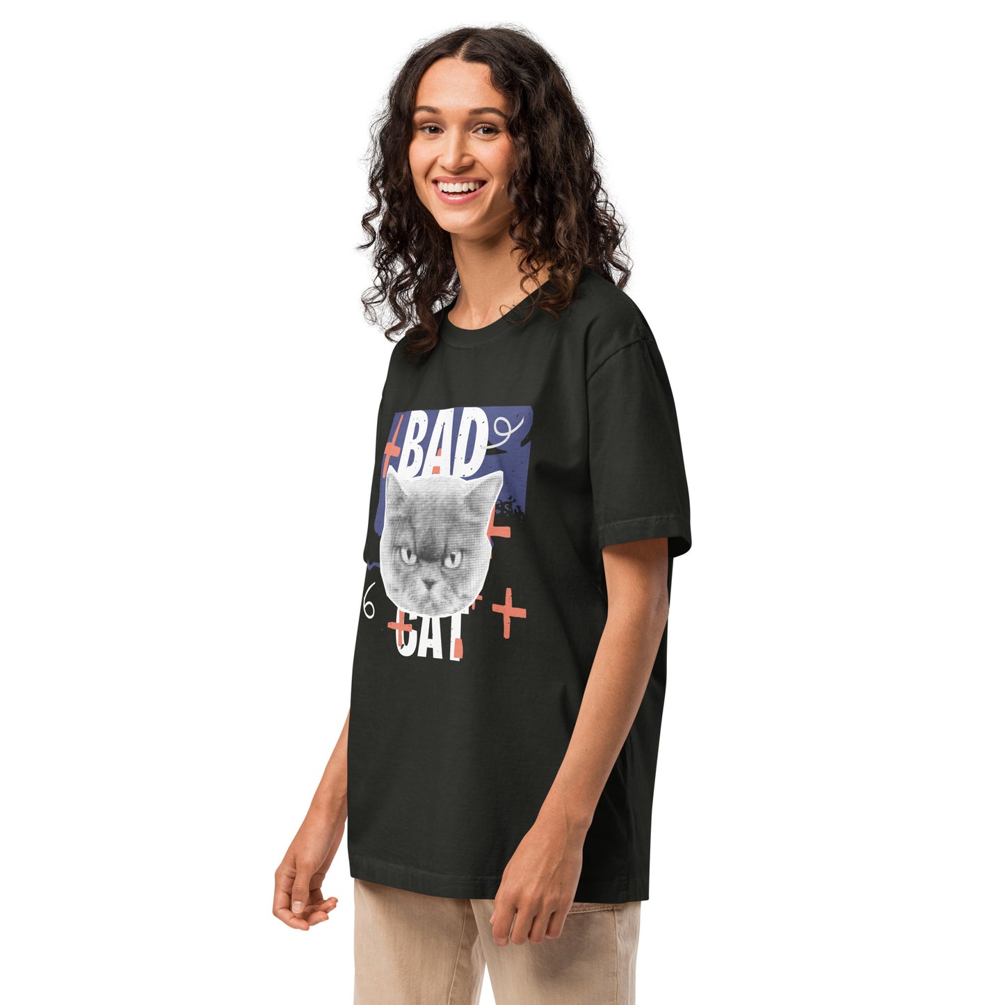 Pet Treasures Studio model wearing black bad cat t-shirt with grey cat face graphic and relaxed unisex fit