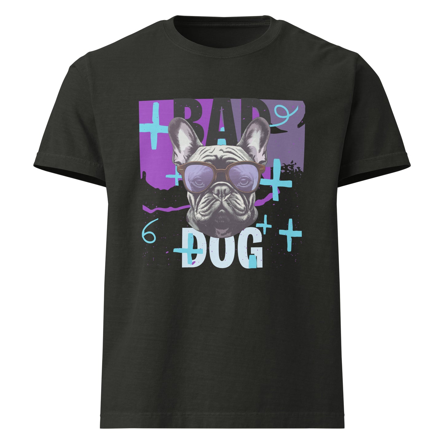 Pet Treasures Studio bad dog t-shirt black featuring French bulldog with purple sunglasses and teal graphic