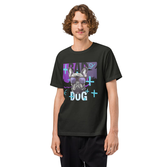 Pet Treasures Studio bad dog t-shirt black with French bulldog in sunglasses purple and teal graphic