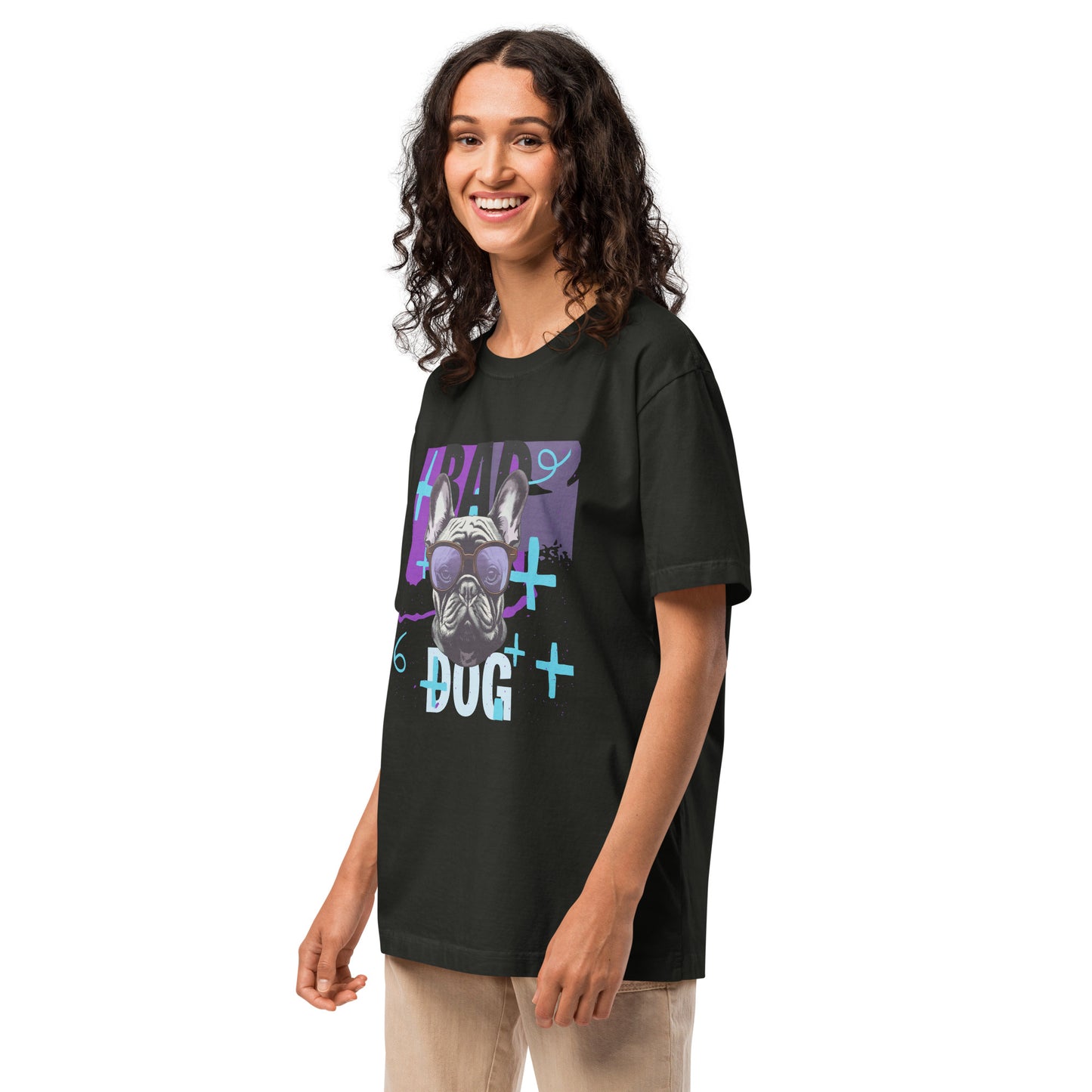 Pet Treasures Studio black oversized bad dog t-shirt with purple bulldog graphic on smiling model