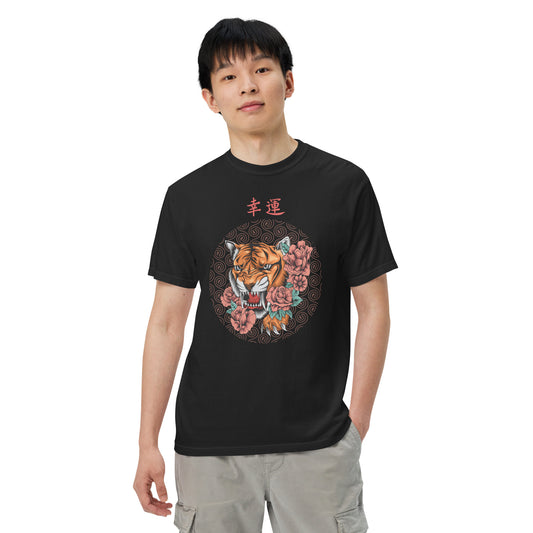Pet Treasures Studio black tiger graphic t-shirt with snarling tiger and floral circle print on male model