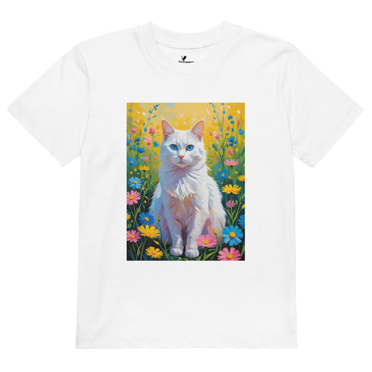 White Pet Treasures Studio back to school cat t-shirt featuring a white cat surrounded by colorful flowers