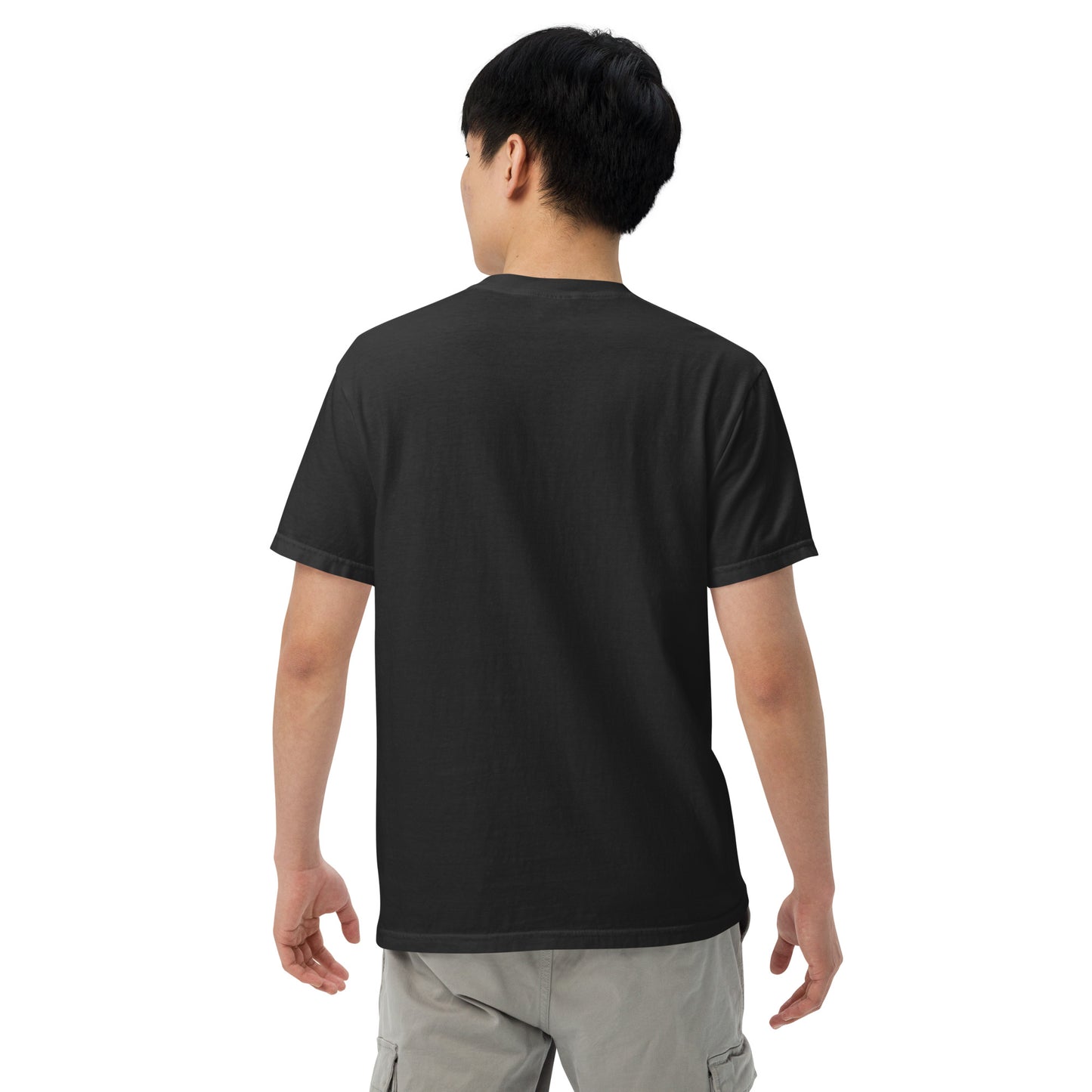 Back view of black chihuahua graphic t-shirt worn by male model with short black hair