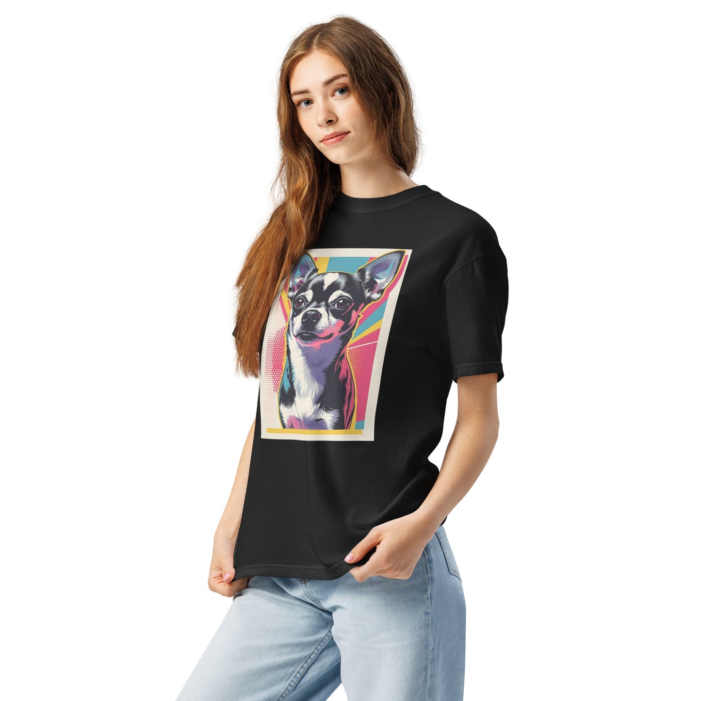 Black chihuahua graphic t-shirt from Pet Treasures Studio worn by woman with colorful dog illustration