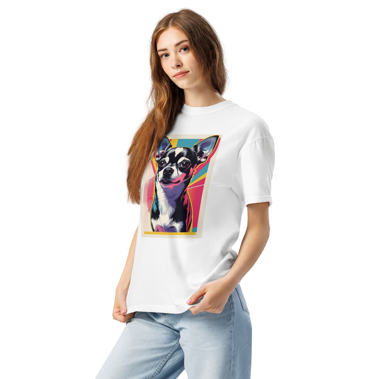 White chihuahua graphic t-shirt from Pet Treasures Studio worn by woman with colorful dog design