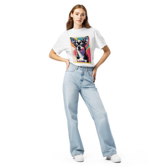 Pet Treasures Studio white chihuahua graphic t-shirt worn by woman with light blue jeans