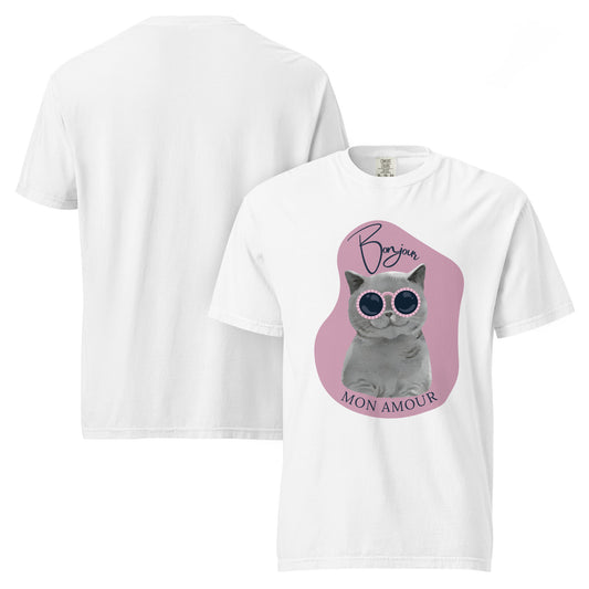 White T-shirt from Pet Treasures Studio featuring cute cat print apparel with cat wearing sunglasses and Bonjour Mon Amour text