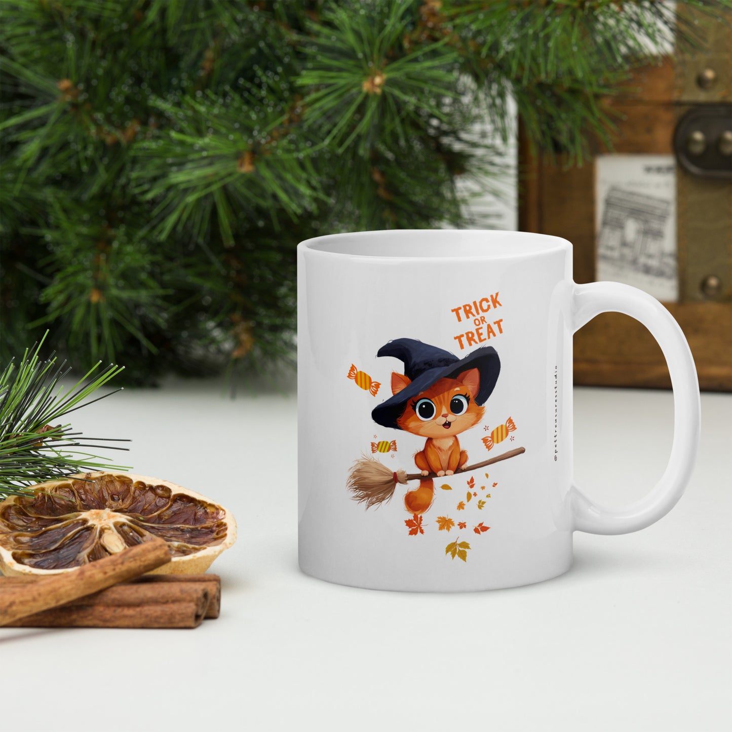 Trick or Treat Cat White Glossy Halloween Mug | Pet Treasures Studio