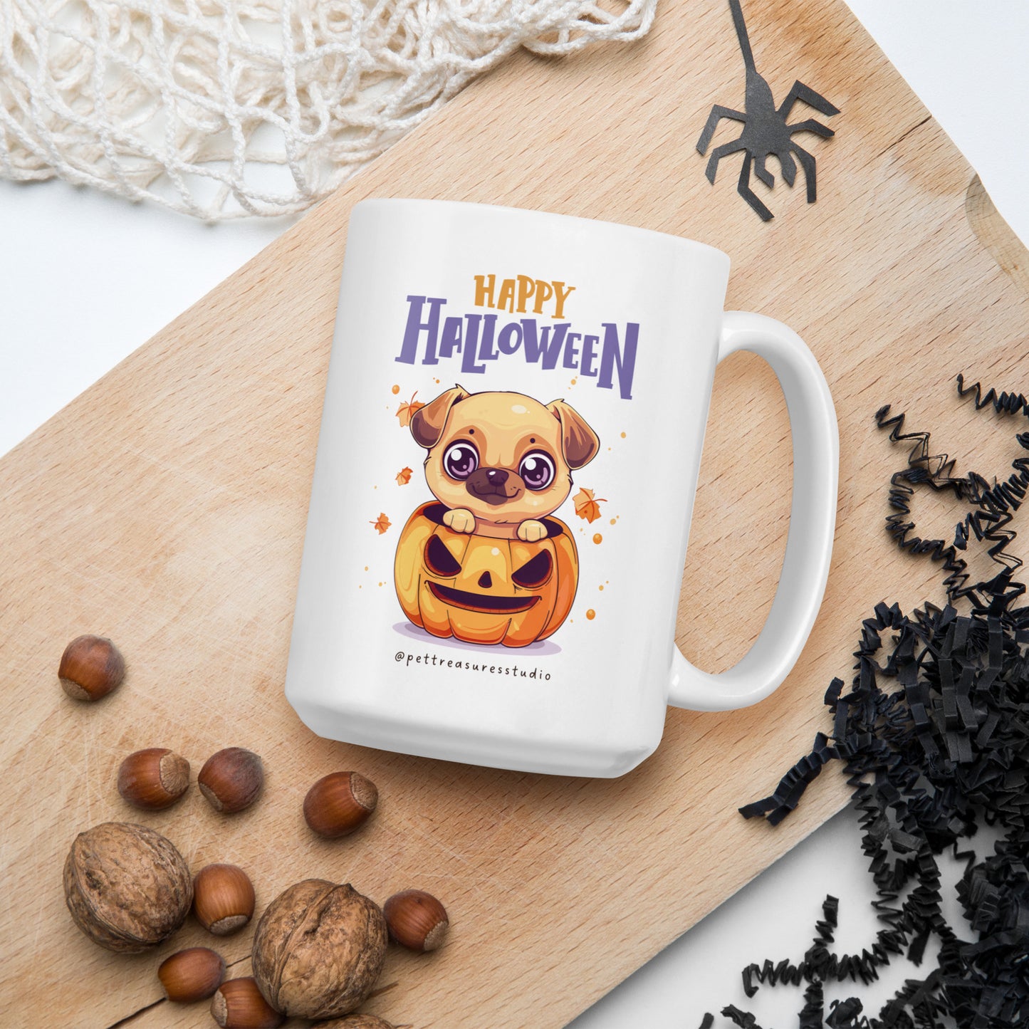 Happy Halloween Pumpkin Pug White Glossy Mug | Pet Treasures Studio