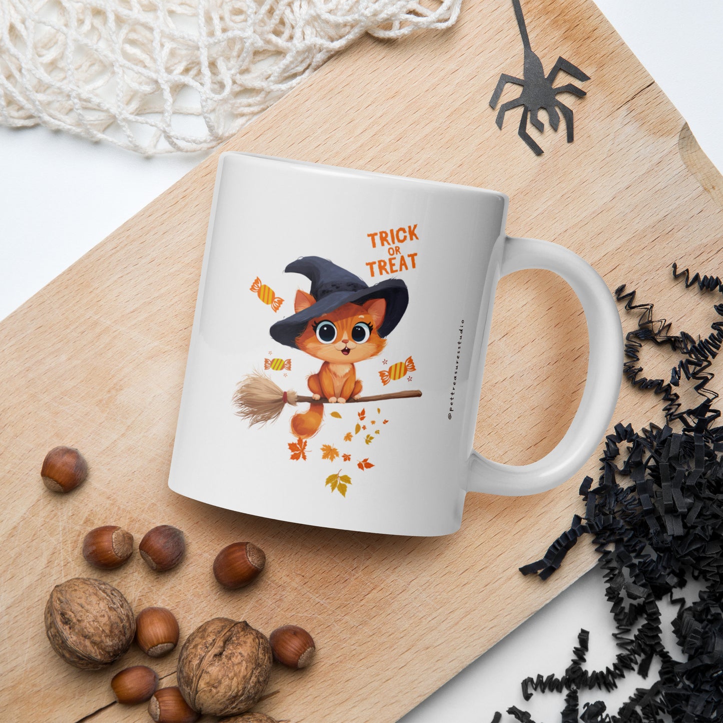 Trick or Treat Cat White Glossy Halloween Mug | Pet Treasures Studio