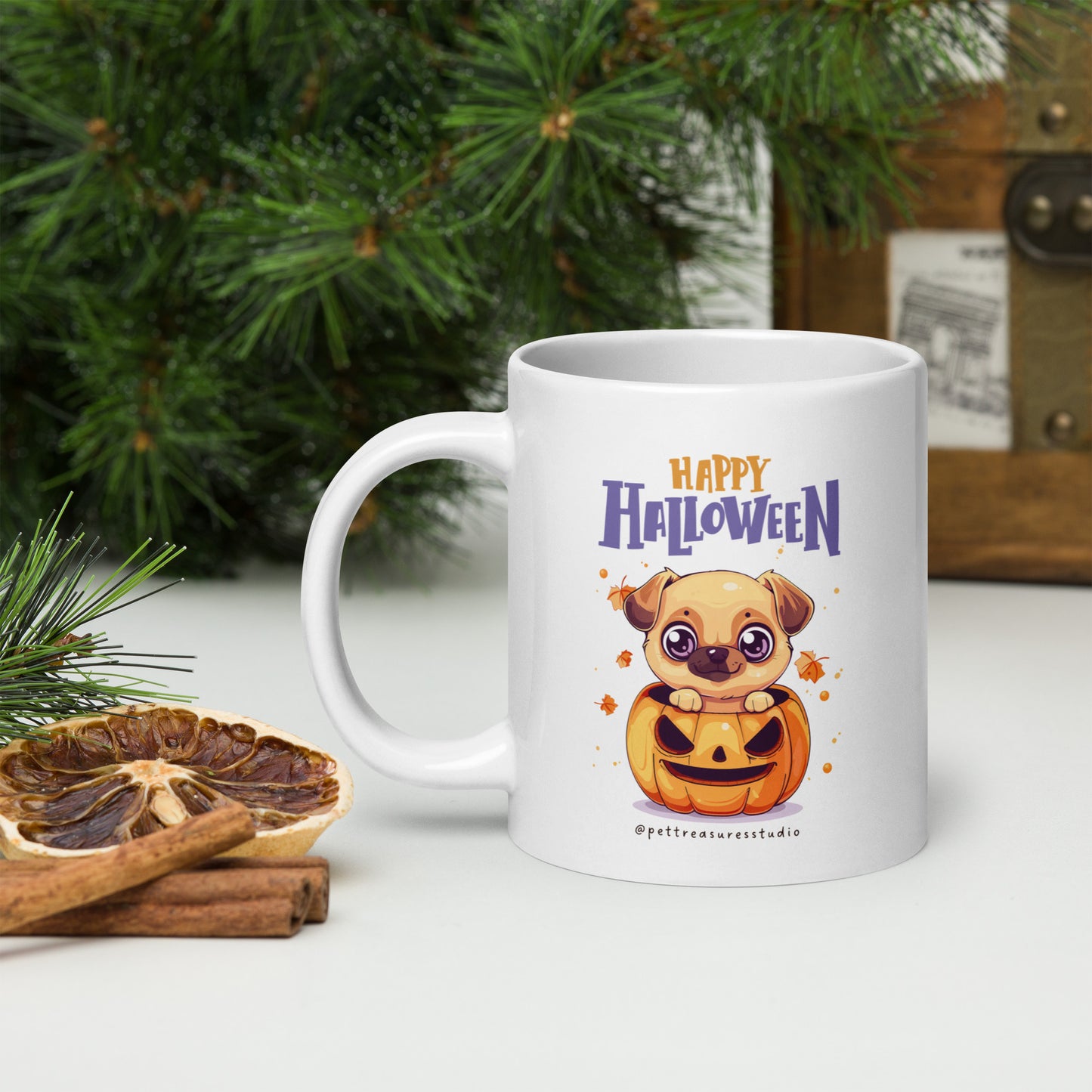 Happy Halloween Pumpkin Pug White Glossy Mug | Pet Treasures Studio
