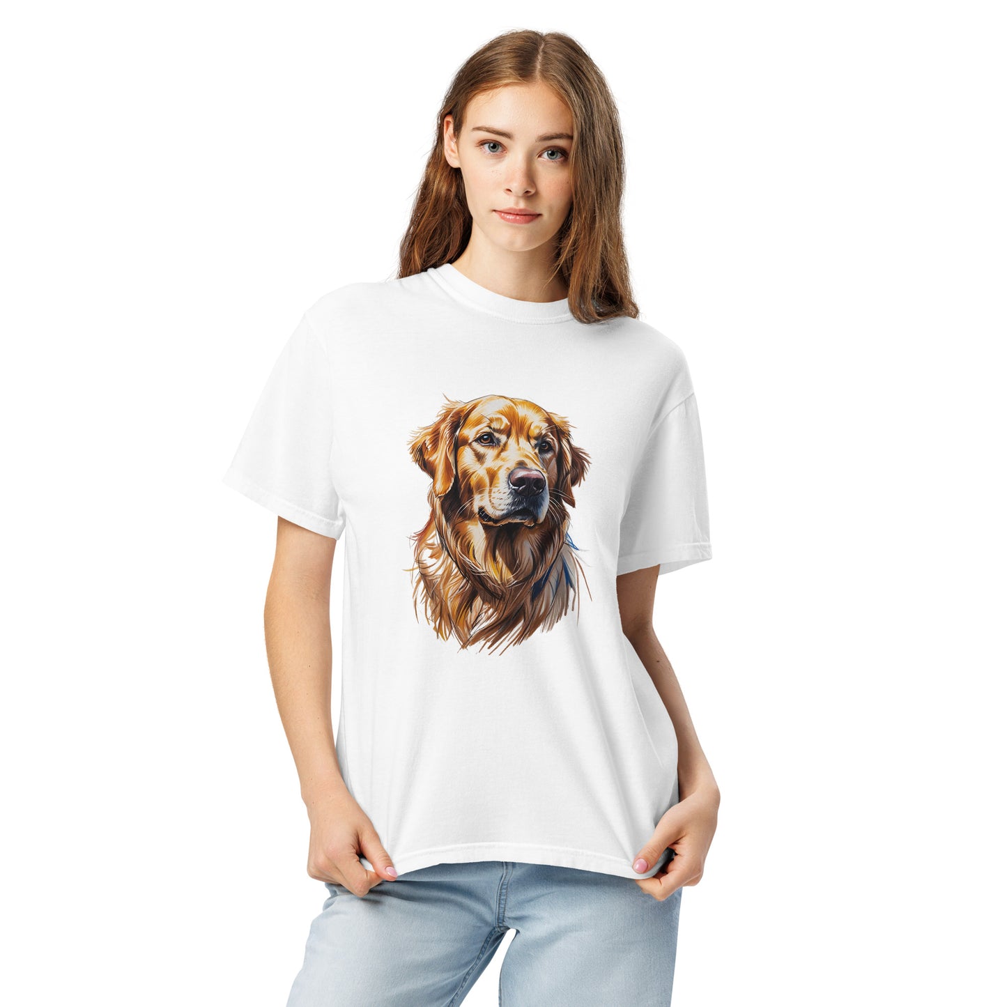 White golden retriever t-shirt from Pet Treasures Studio featuring a detailed dog portrait
