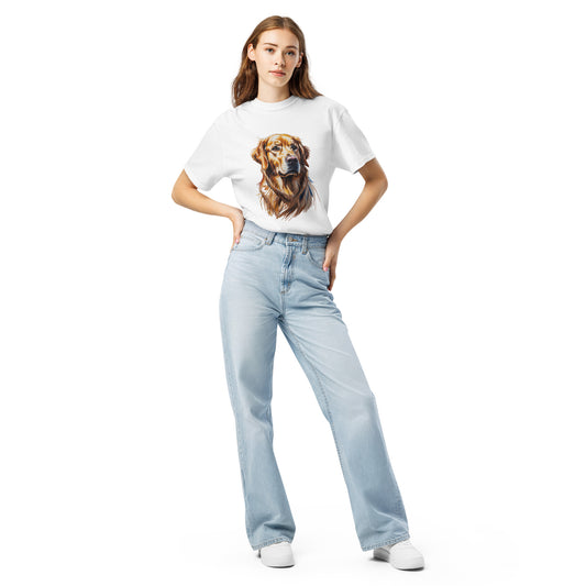 Woman wearing Pet Treasures Studio white golden retriever t-shirt paired with light blue jeans and white shoes