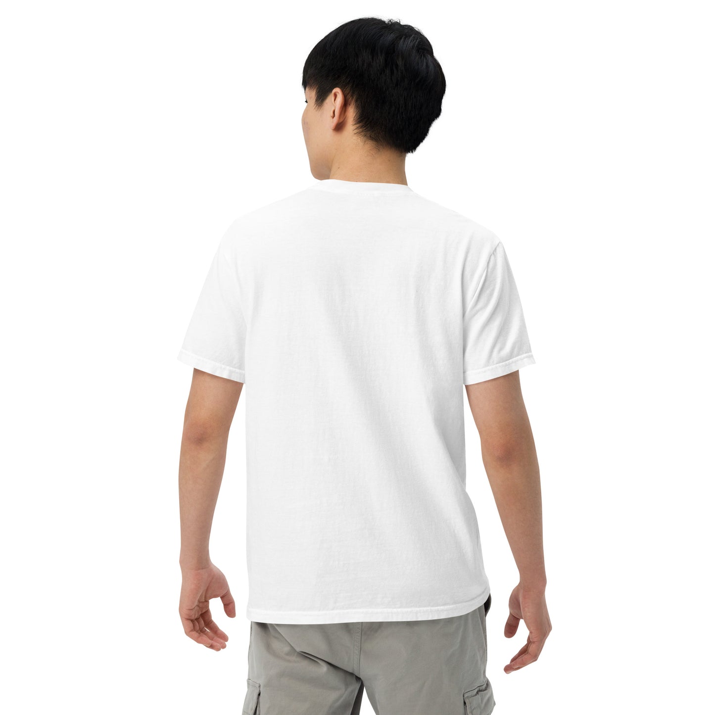 Back view of man wearing plain white golden retriever t-shirt by Pet Treasures Studio